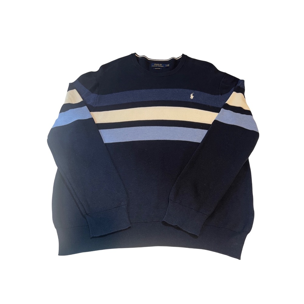 Polo Ralph Lauren Sweater Mens XL Navy Striped Pima Cotton Crewneck Pullover A49